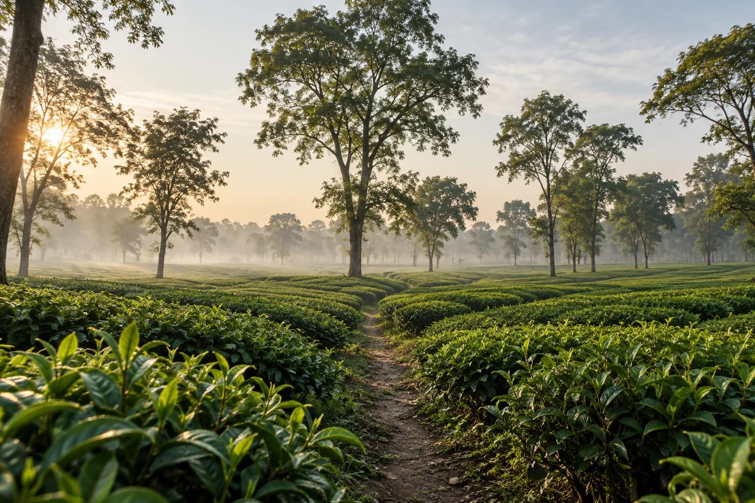 Tea bushes and a winding garden path beneath shade trees in soft morning light