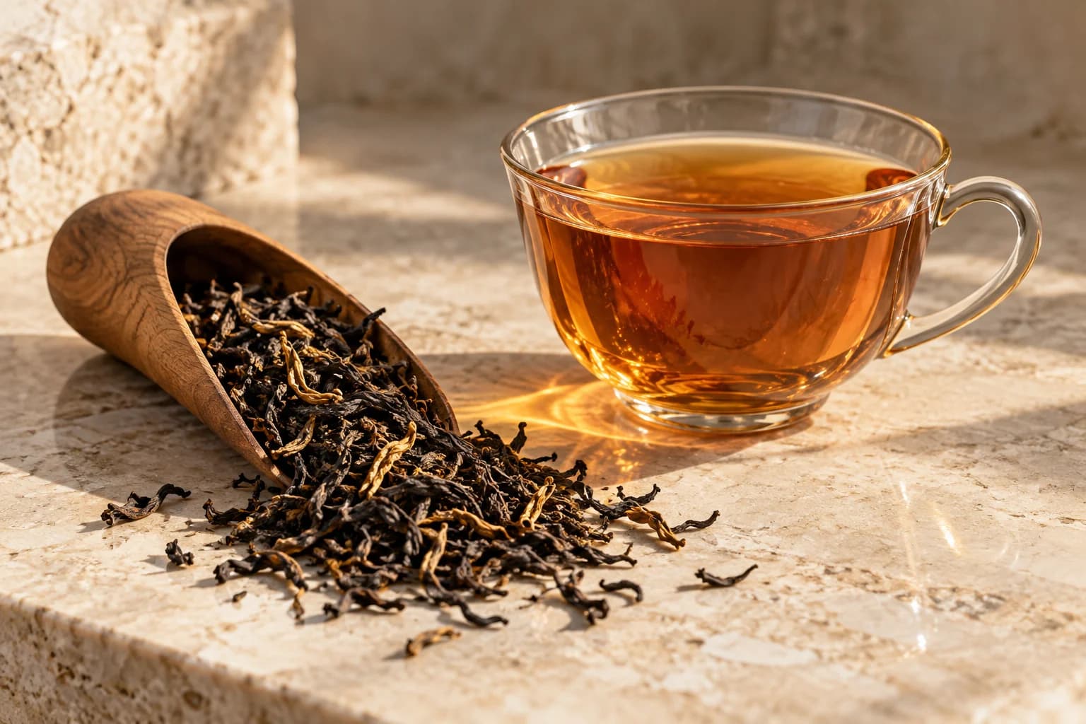 Golden-tipped black tea in a wooden scoop beside a glass of amber tea