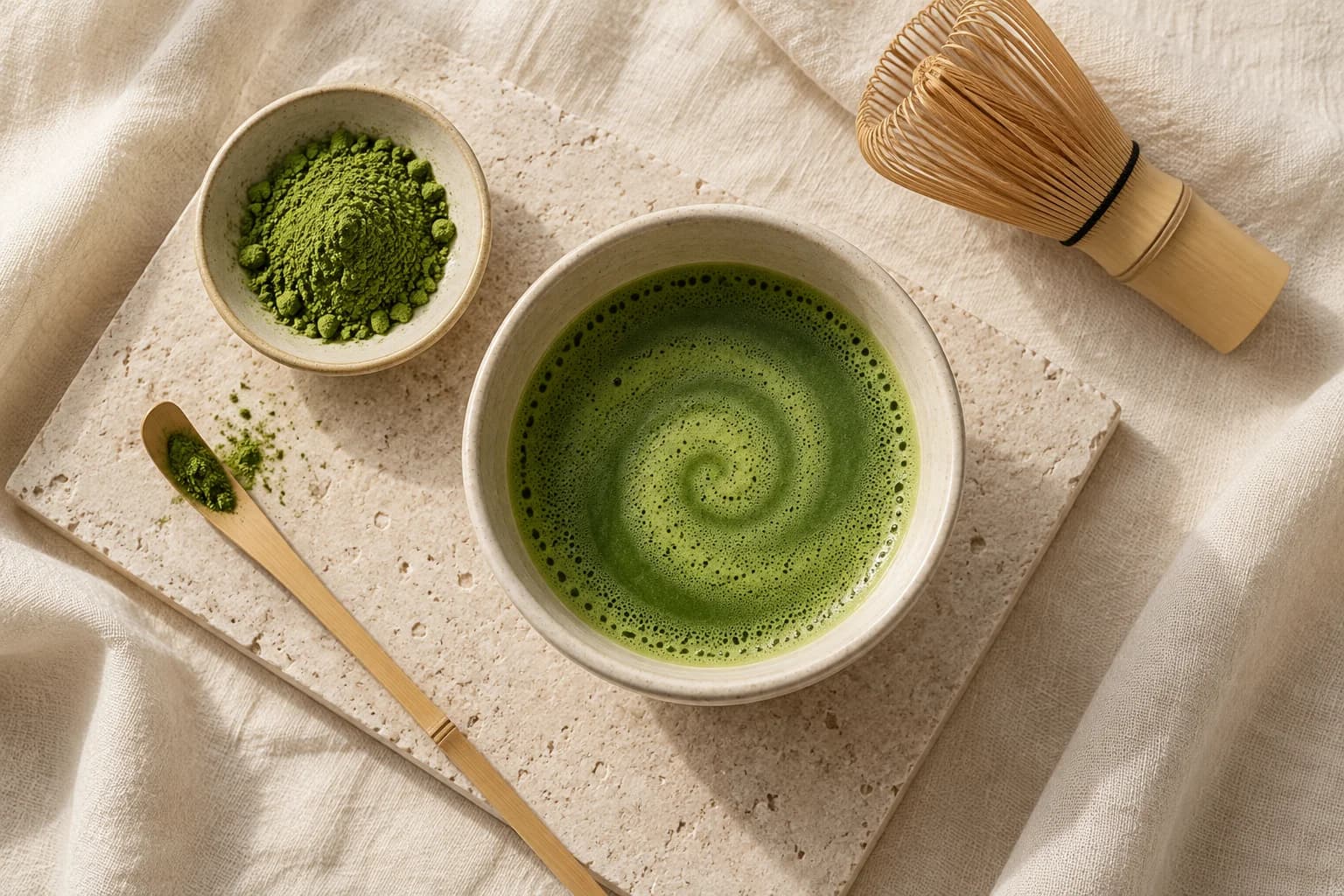 Matcha and finely sifted green tea powder arranged on cream linen