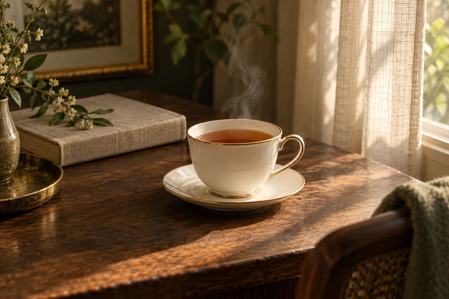 A cup of amber tea and a linen-bound book beside a softly lit window