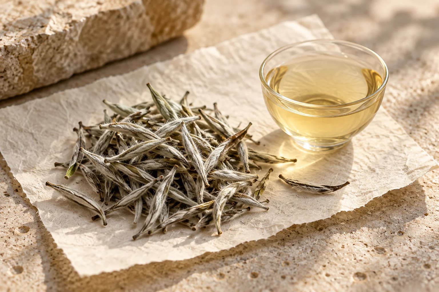 Silver tea buds on handmade paper beside a small glass of pale golden tea